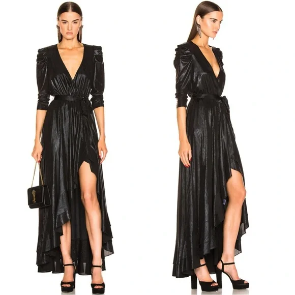 NWT Retrofete Flora Black Maxi Evening Dress Long Sleeve High Slit V-Neck XS - Picture 1 of 16